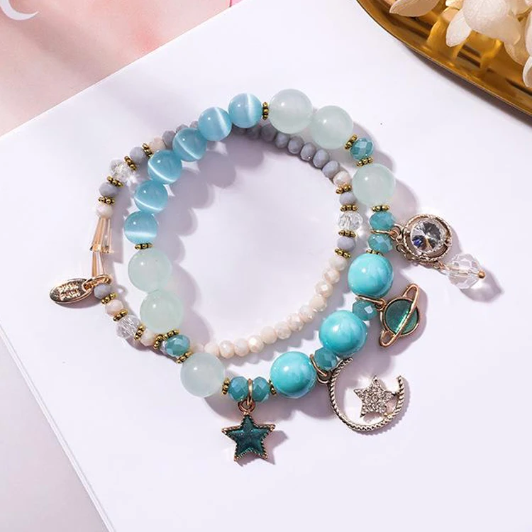 Женский браслет с натуральным опалом синий розовый кристаллами в виде кошачий