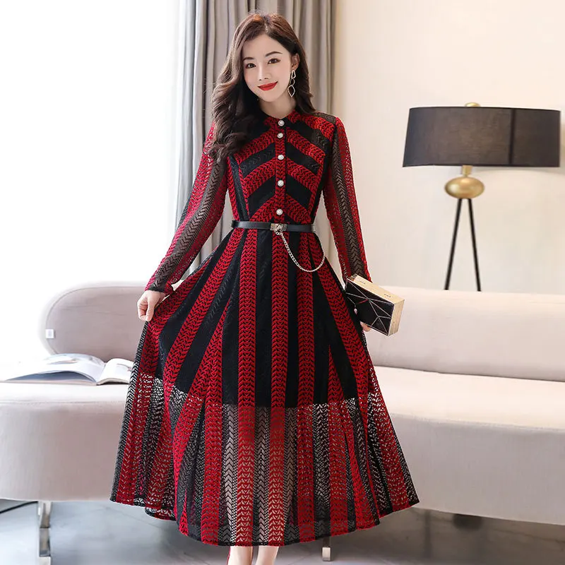 

Spring and summer women's new product Slim was thin long section fashion vertical stripes long-sleeved boutique lace dress