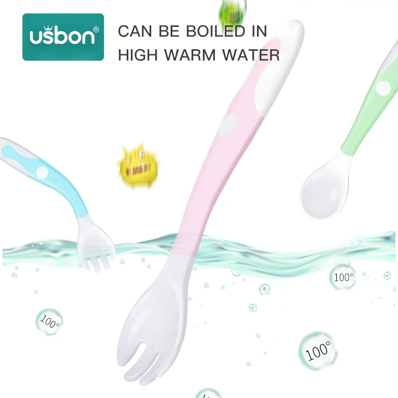 Usbon 2Pcs Bendable Baby Spoon Fork Set Toddler Infant Learning Tableware Flatware Utensils Kids Cutlery with Storage Box | Мать и