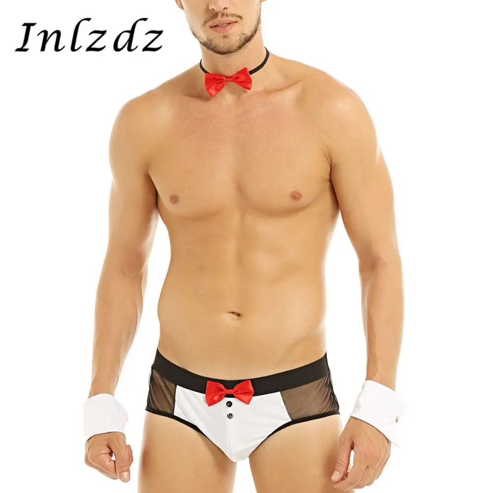 

Мужской экзотический комплект нижнего белья, сексуальный костюм для костюмированной вечеринки, прозрачные сетчатые трусы с бантом и манже...