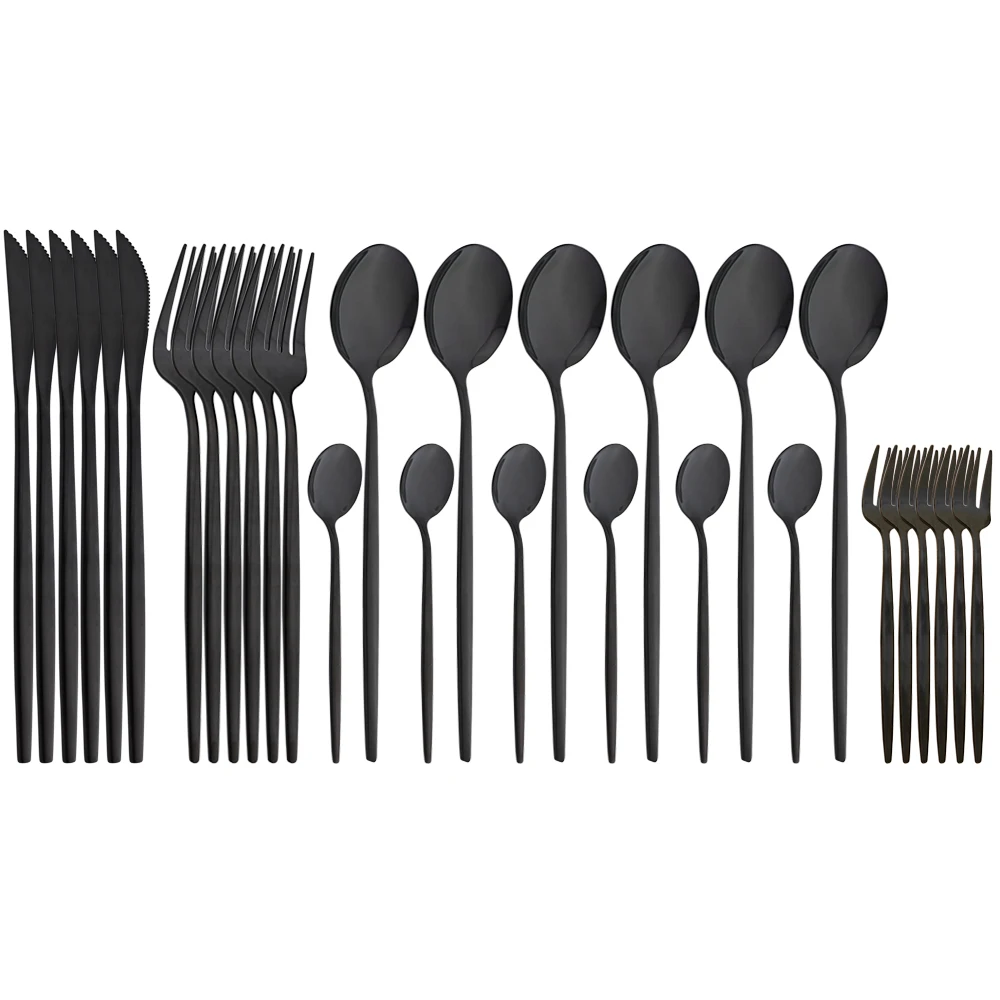 

Luxury Flatware 30pcs Black Stainless Steel Dinnerware Mirror Cutlery Knife Spoons Cake Fork Tableware Western Food Restaurant