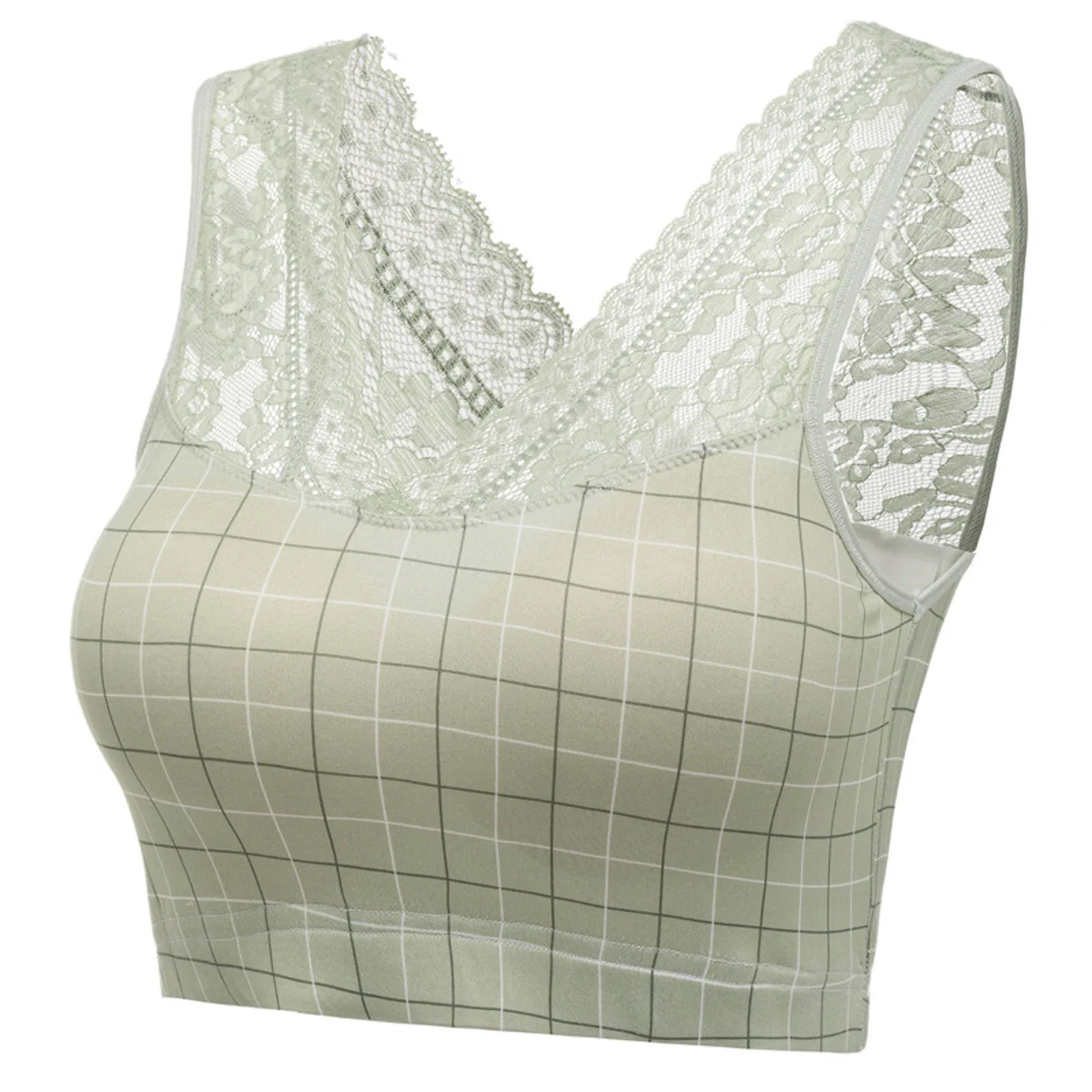 

New 2021 lace comfortable women's plaid print gather breathable underwear shockproof sports fitness bra