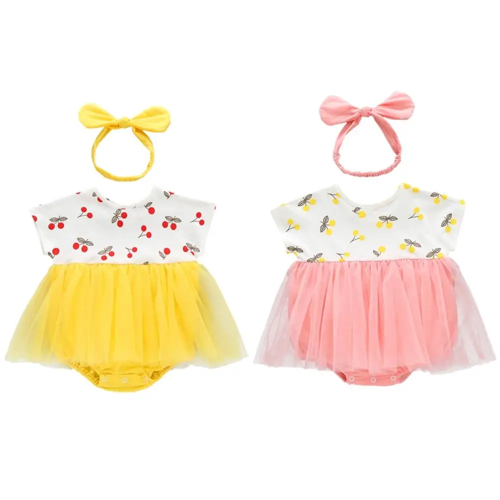 

2Pcs Summer Baby Girls Short Sleeve Romper Dress Newborn Jumpsuit +Headband Baby Clothing Jumpsuit 0-24M