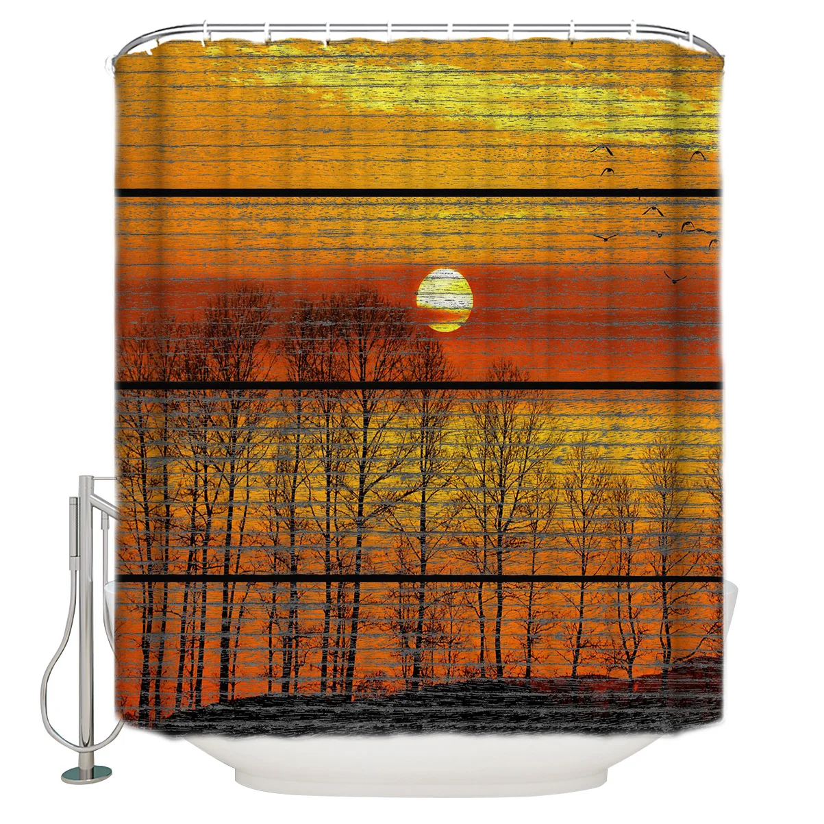 Waterproof Curtain Wood Grain Effect Sunset Trees Birds Fabric Shower Home Bathroom Decor | Дом и сад