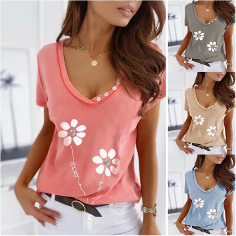 

New Women Flower Print T-Shirts Summer Short Sleeve Black Tops Button V-Neck Street Tee Casual Female T-Shirt Pullover Top