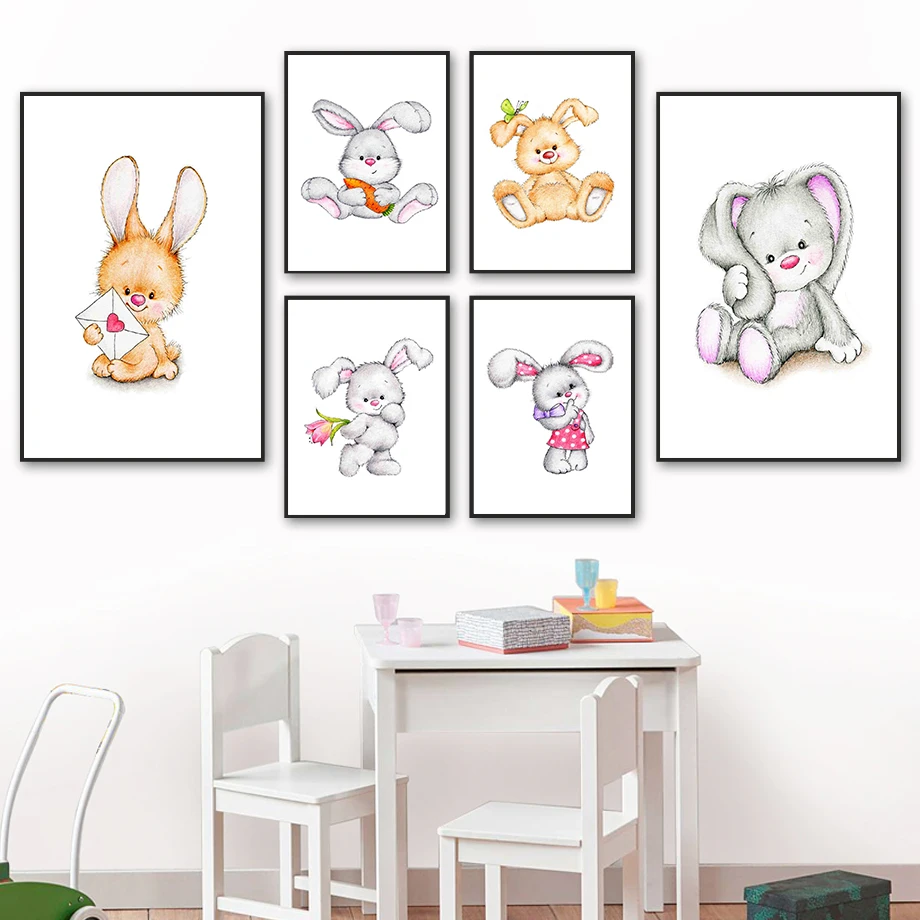 

Rabbit Butterfly Carrot Flower Bowknot Wall Art Canvas Painting Nordic Posters And Prints Wall Pictures Kids Room Nursery Decor