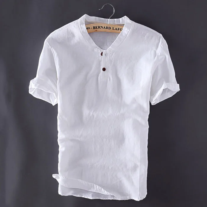

Plus Size M-5XL Mens Pullover Linen Shirts Short Sleeve Summer Mens Quality Casual Shirts Slim fit Solid Cotton Shirts