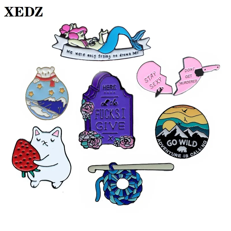 

XEDZ flowers tombstone mermaid dagger love GO WILD adventure brooch strawberry cat wool ball enamel emblem backpack lapel pins