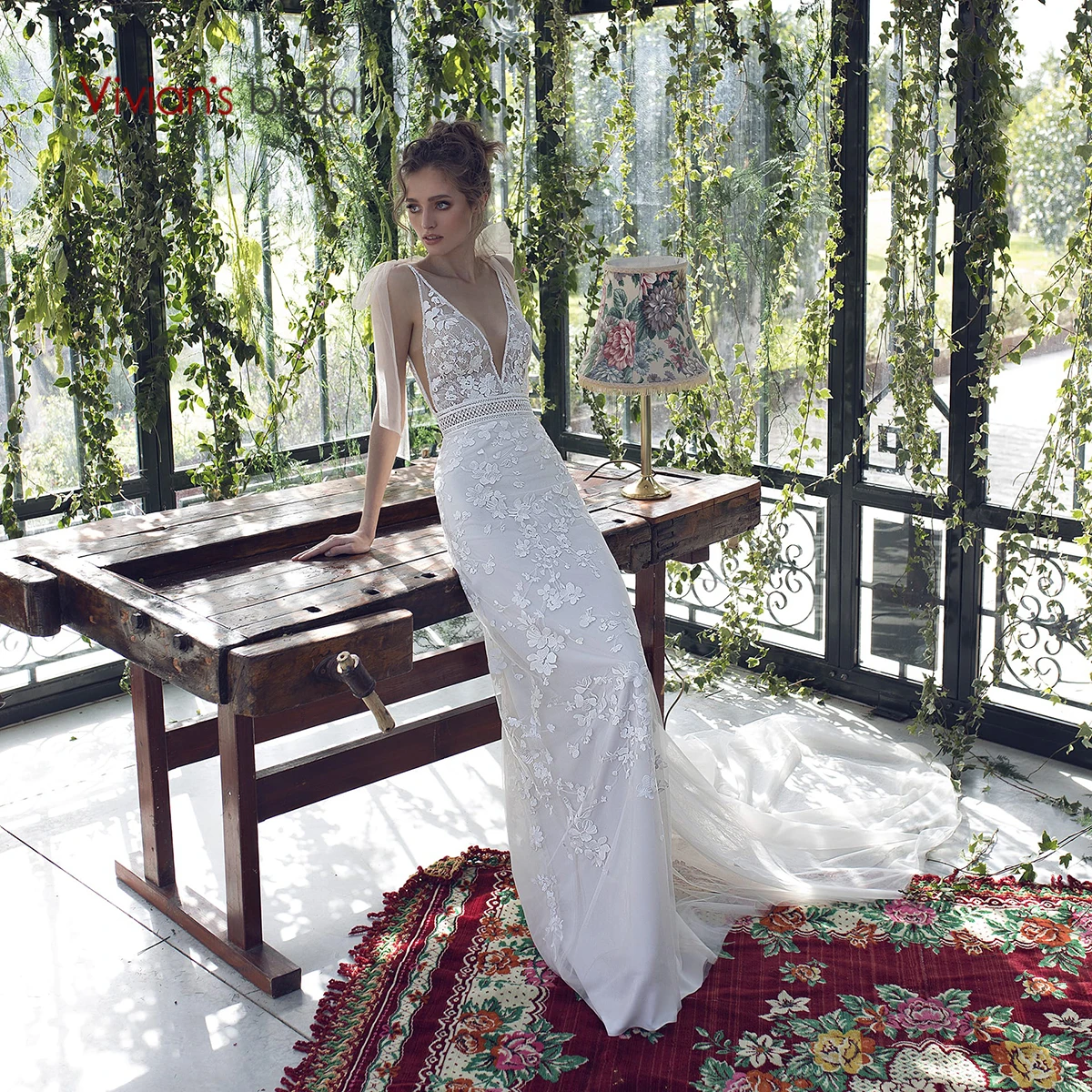 Vivian's Bridal Isreal Hot Boho Свадебное Платье футляр 2019 сексуальное двойное глубокий v