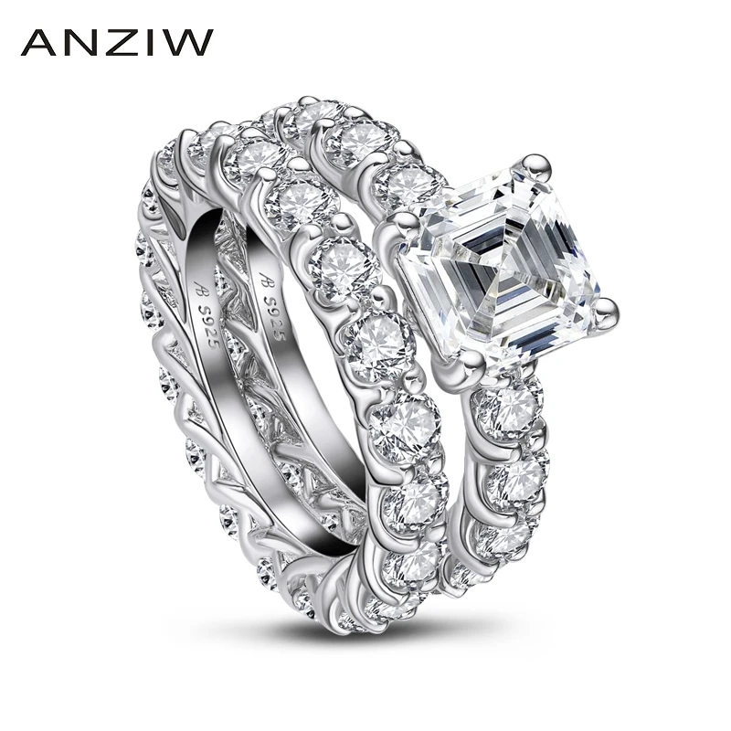 

ANZIW 925 Sterling Silver Full Enternity Rings for Women 4 Carats Asscher Cut Wedding Engagement Rings Jewelry anillos plata
