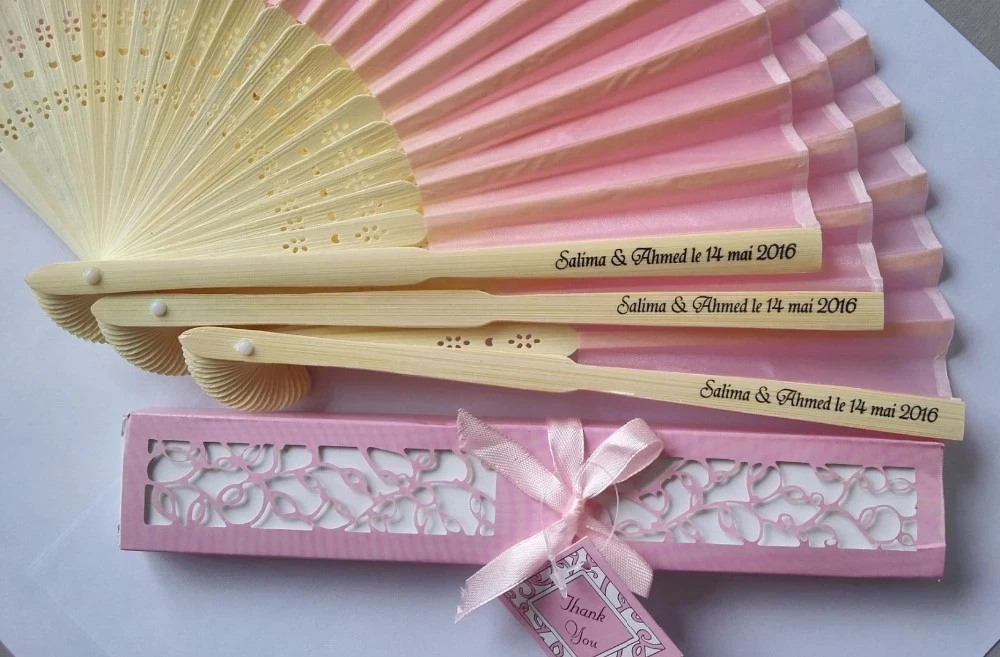 

50 pcs/lot Personalized Luxurious Silk Fold hand Fan in Elegant Laser-Cut Gift Box +Party Favors/wedding Gifts+printing