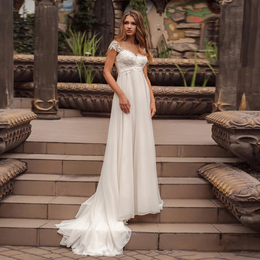 

Elegant Chiffon A-Line Lace Appliques Sweep Train Scoop Neck Cap Sleeve Wedding Dress 2021 Empire Waist Bridal Gowns