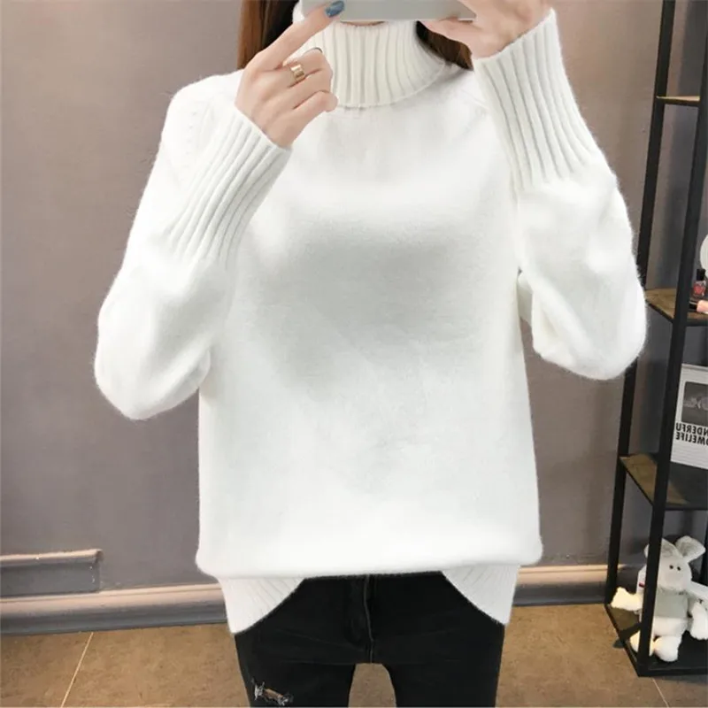 Осенне-зимний вязаный свитер с высоким воротом Женский пуловер Модные свободные