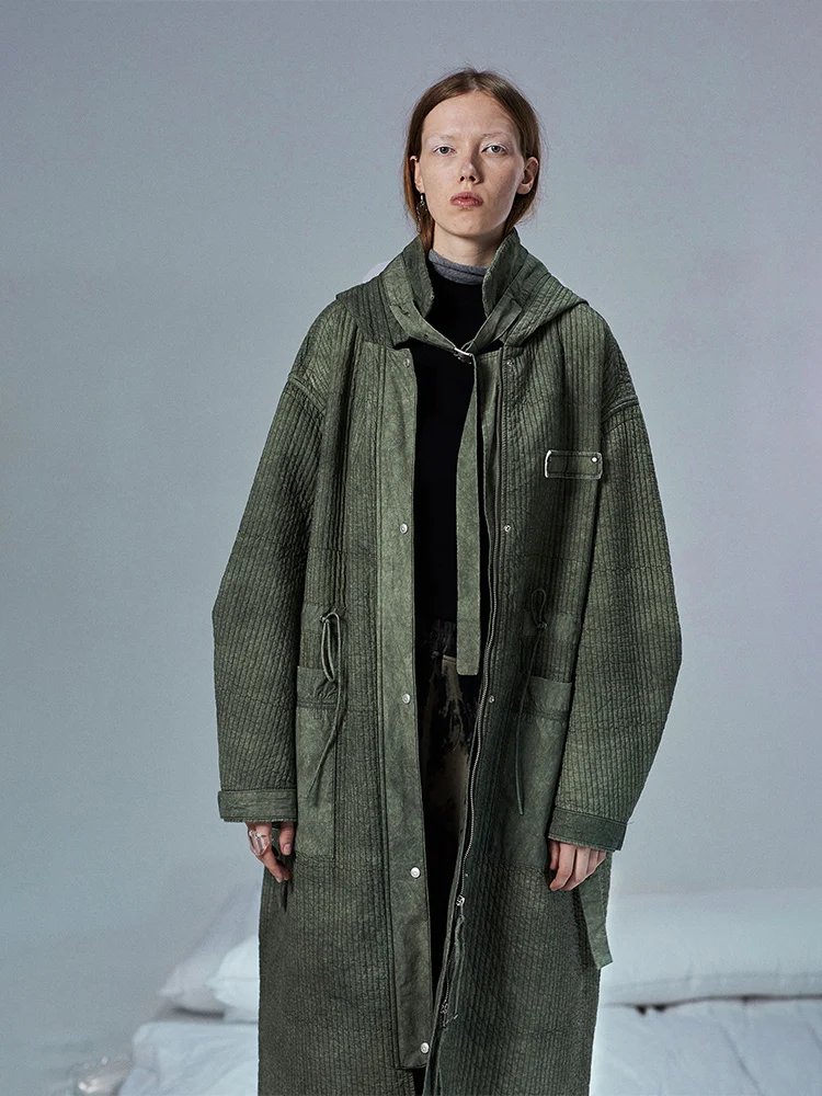 Design New Original Autumn Winter Women Casual Oversized Striped Long Green Cotton Padded Warm Hooded Parkas Jacket | Женская одежда
