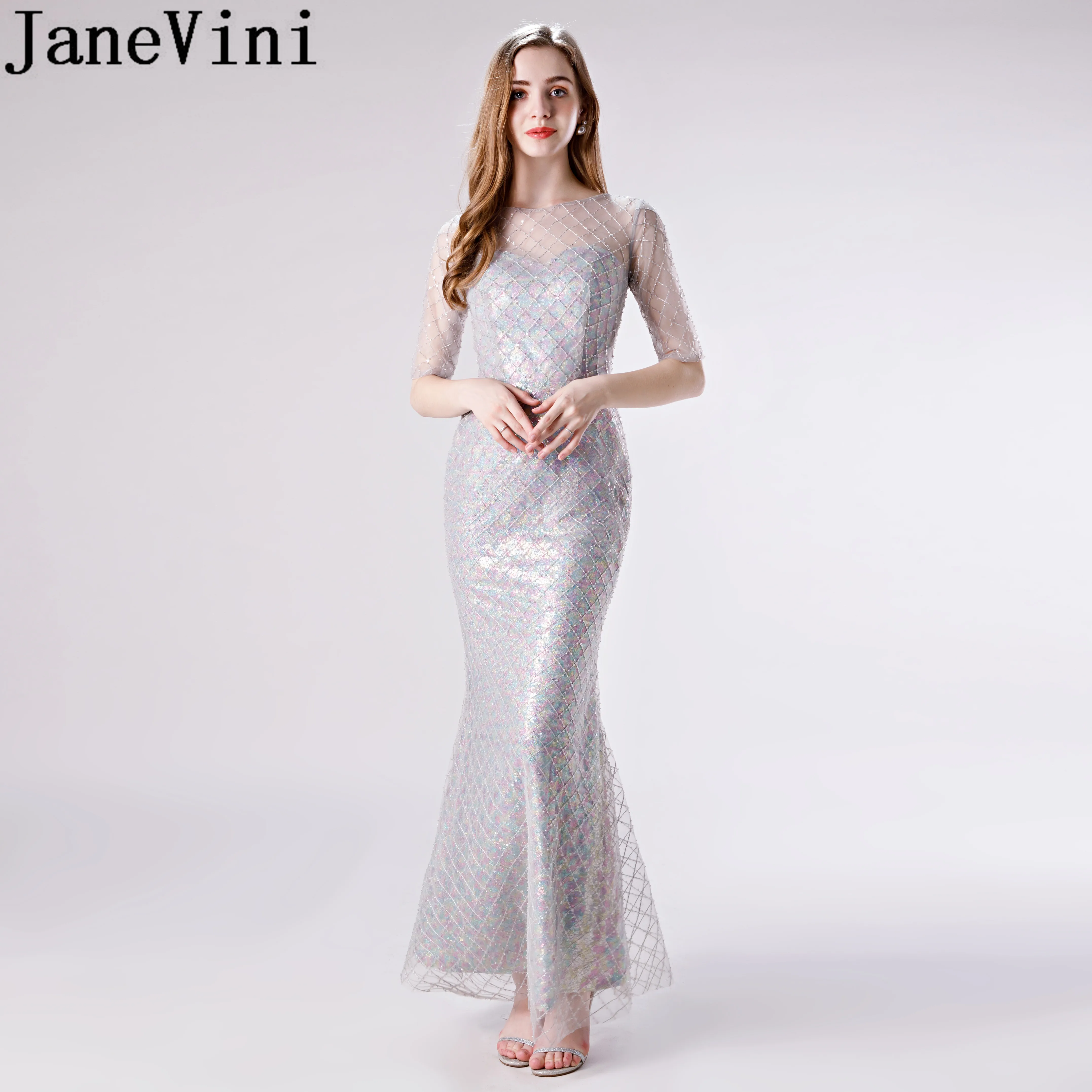 Длинное блестящее платье-Русалка с блестками полурукавом и бусинами | Свадьбы