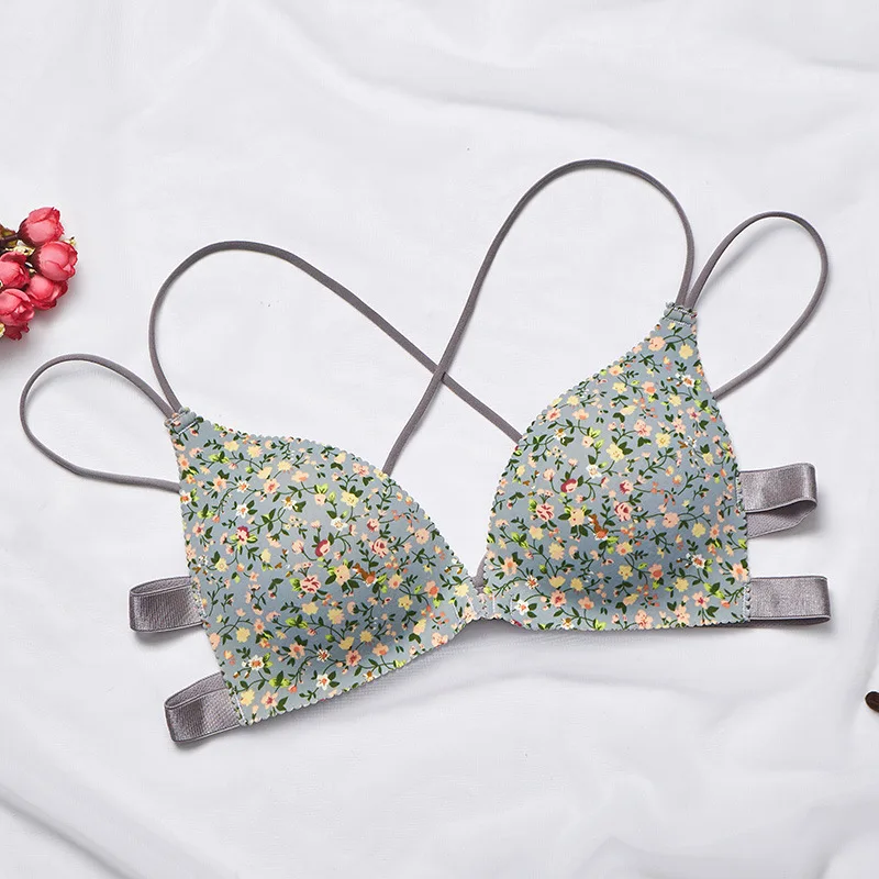 

Women Floral Print Bra Front Buckle Underwear Seamless Sexy Padded Lingerie Bralette Beauty Cross Back Women Push Up Bras