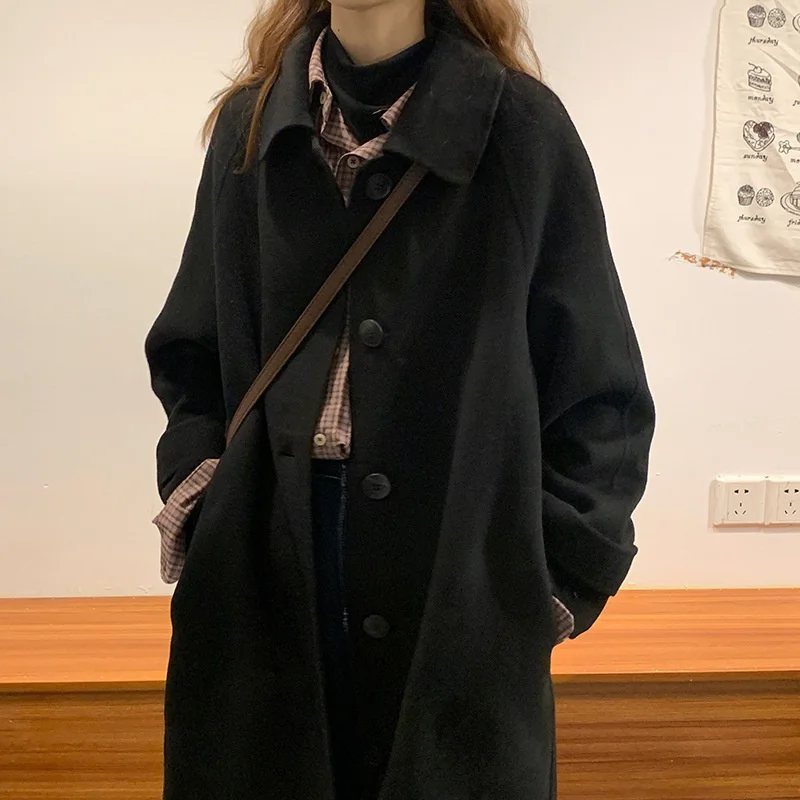 

Double sided cashmere coat women's middle long 2021 new autumn and winter Black Loose temperament thin wool coat
