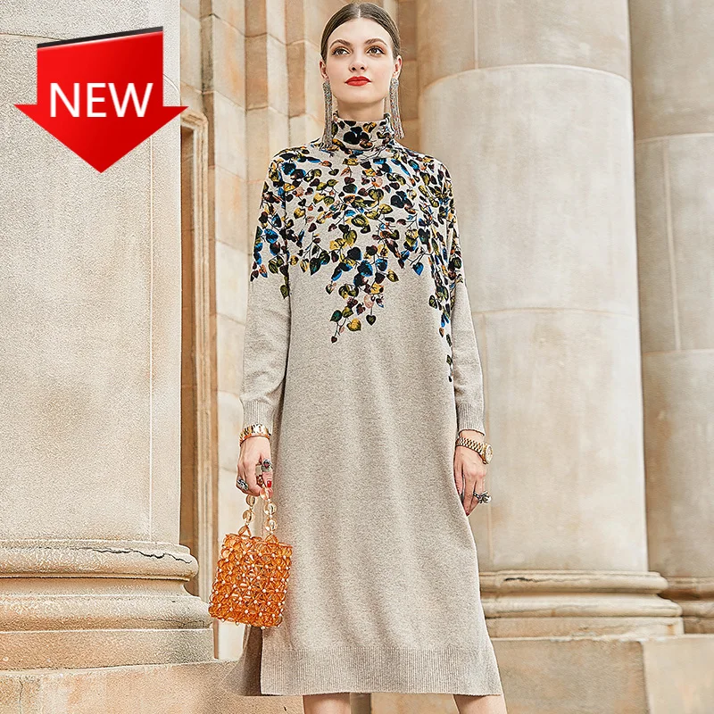 

Long Sleeve Dress Women's Elegant Bodycon Party Vestido Autumn 2020 Retro Casual Print Loose Dress Winter High Collar