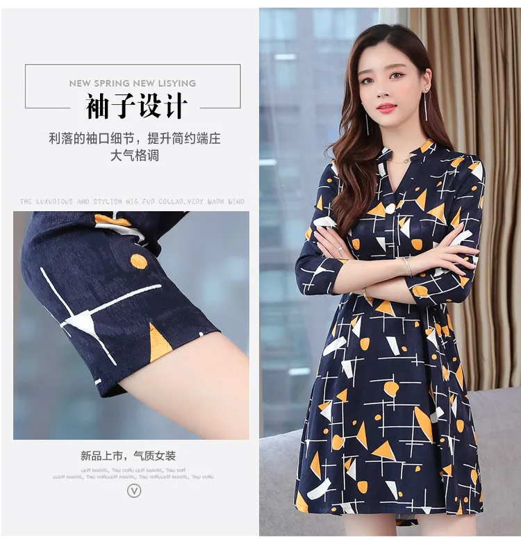 Vintage Print Chiffon Long Sleeve Mini Dress Autumn Winter Chic Plus Size Women Bodycon Dress Elegant Femal Party Vestidos