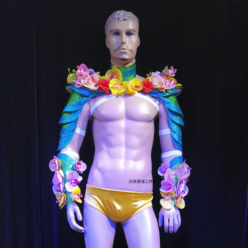 

Men Flower Armor Performance Costume Exaggerated Accessories Nightclub DS Gogo Dance Stage Wear Festival Rave Outfit VDB3704