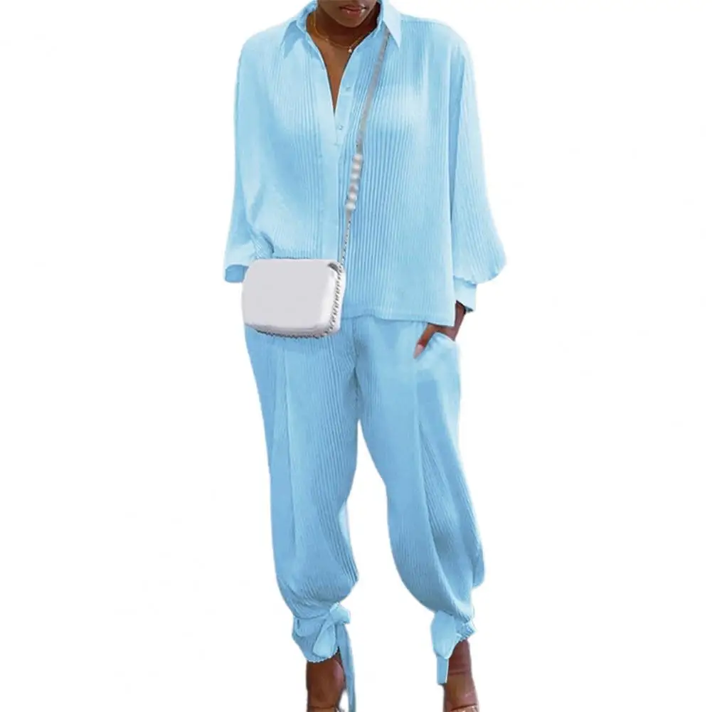 

Elegant Women Matching Set Long Sleeve Soft Solid Color Female Suit Ribbed Lace Up Hem Top Pants Set Office Lady Outfit