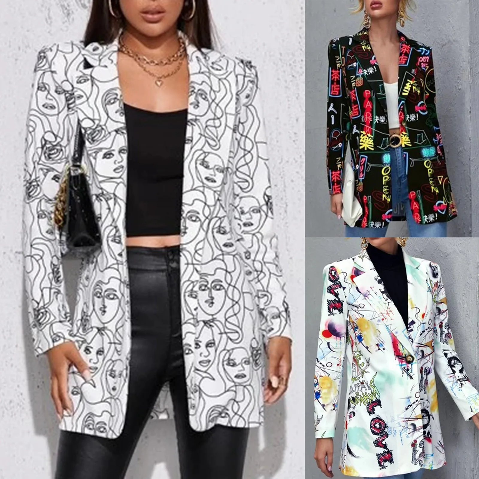 

Women Long Suit Cardigan Fall Winter Hip Hop Trendy Casual Coat Lapel Personality Print Coat Streetwear