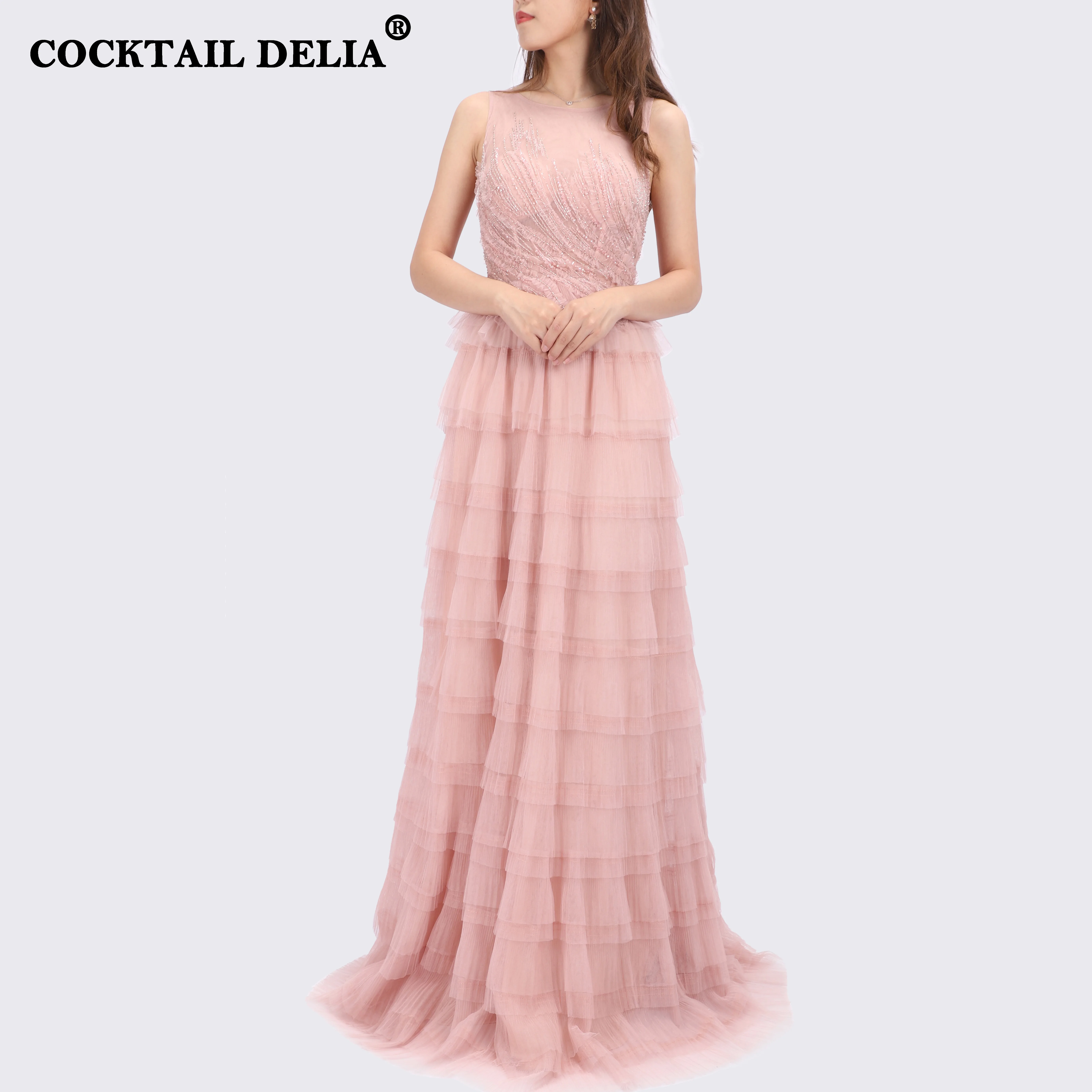 

Cocktail Delia Pink Sleeveless Tiered Elegant Evening Prom Dresses 2021 Tulle For Women Party