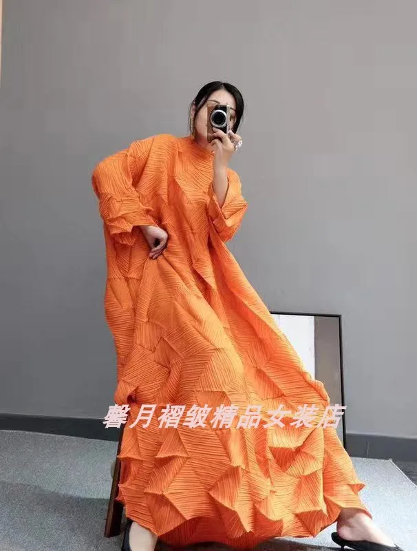 Горячая Miyake модное платье со складками со стразами, однотонное Свободное длинное платье со стоячим воротником