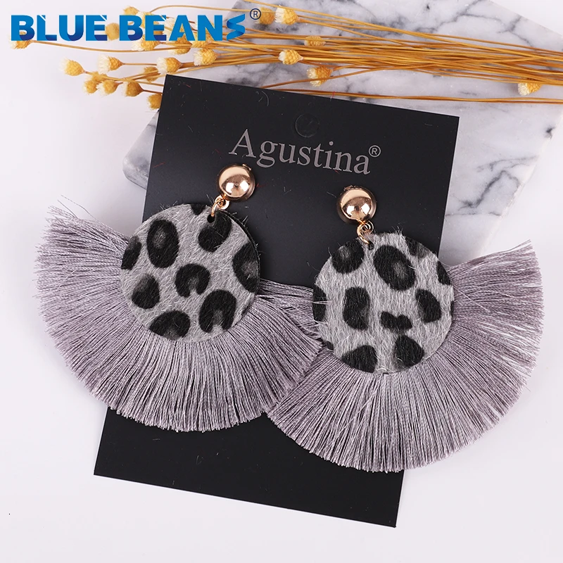Женские богемные серьги с большими кисточками Длинные круглые леопардовые