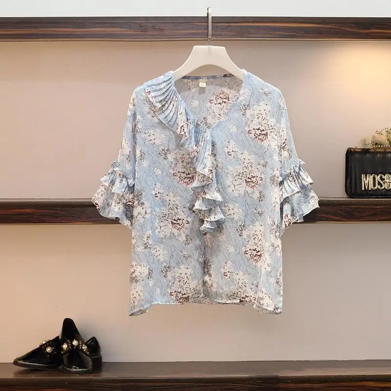 ICHOIX Женская Цветочная шифоновая рубашка с оборками и джинсовая юбка летние