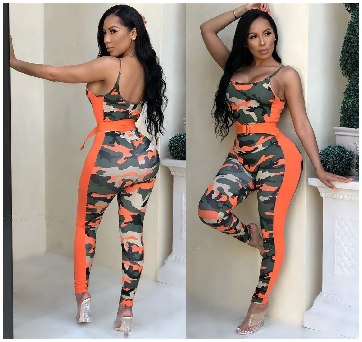 

2021 spring and summer new European and American sexy women's suspenders low-cut camouflage women's jumpsuit trousers
