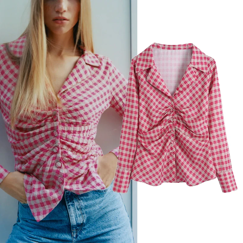 

Женская Повседневная рубашка в клетку Za, однобортная блузка со складками и длинным рукавом, топы для весны и осени, 2022