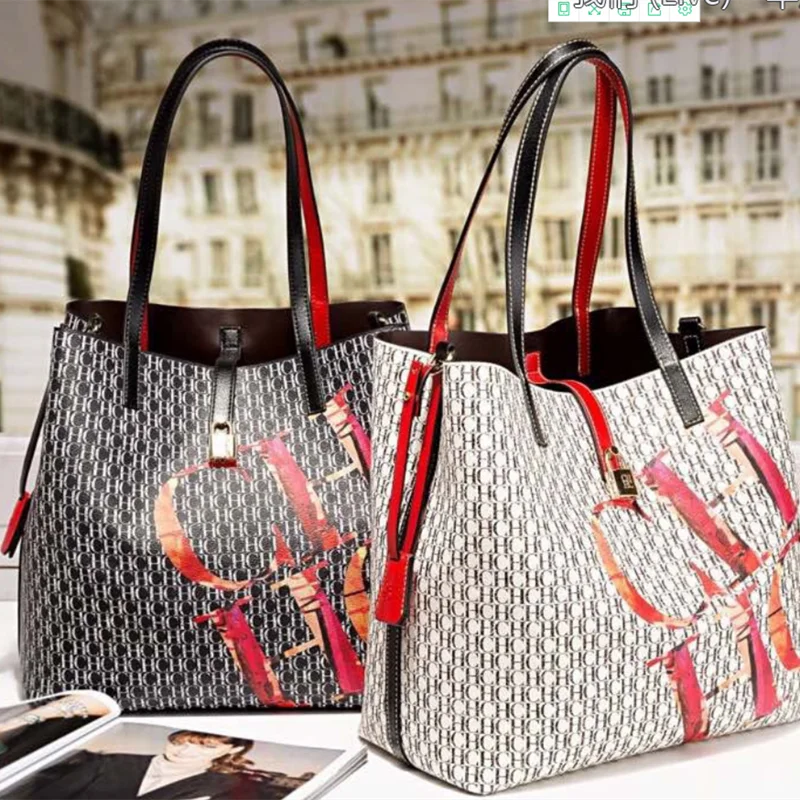 

100% Genuine Leather Large Tote Bag for Women CH Letter Printed Bags Single Shoulder Crossbody Handbags Fashionable Purse Bolsa