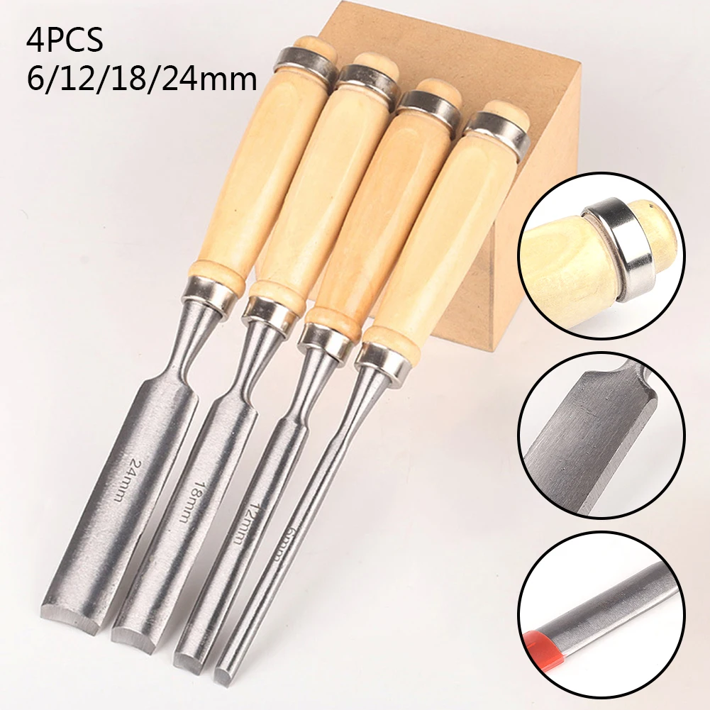 

4Pcs 6/12/18/24mm Wood Carving Hand Chisel Tool Set Professional Woodworking Gouges Half-round Chisel Chrome Vanadium Steel Wood