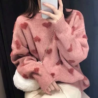 2020 women warm long sleeve sueter imitation water velet print winter clothes pink o neck loose pullover heart pattern sweater