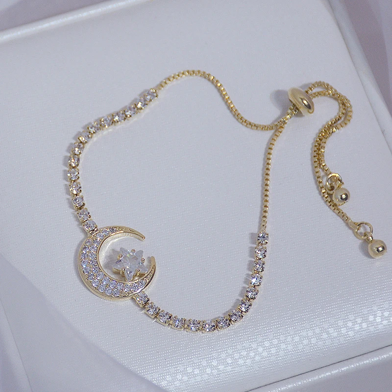 

Luxury Elegant 14k Real Gold Stars Moon Charm Bracelet for Women Jewelry Brilliant Advanced Zircon Accessories INS Hot TOP Gift