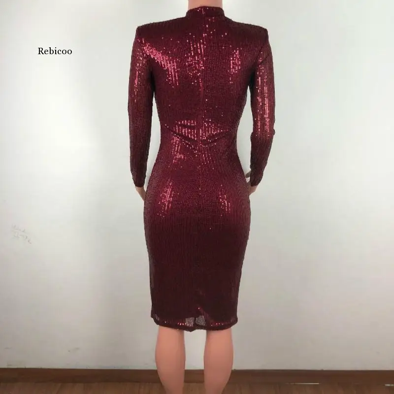 

Spring and Winter Women's Dress Sequin Sexy Full Sleeve Tights O-Neck Nightclub Party Street Bandage Pencil Skirt