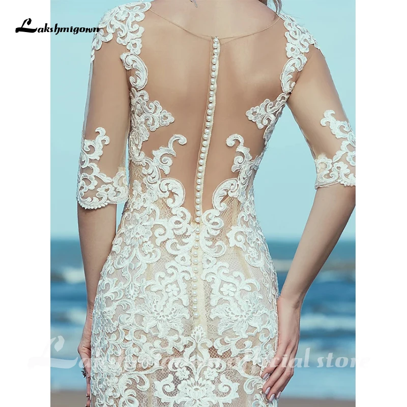 

Sexy Illusion Top Mermaid/Trumpet Wedding Dresses Scoop Neck Sweep/Brush Train Lace Tulle Half Sleeve Back with Lace Beading