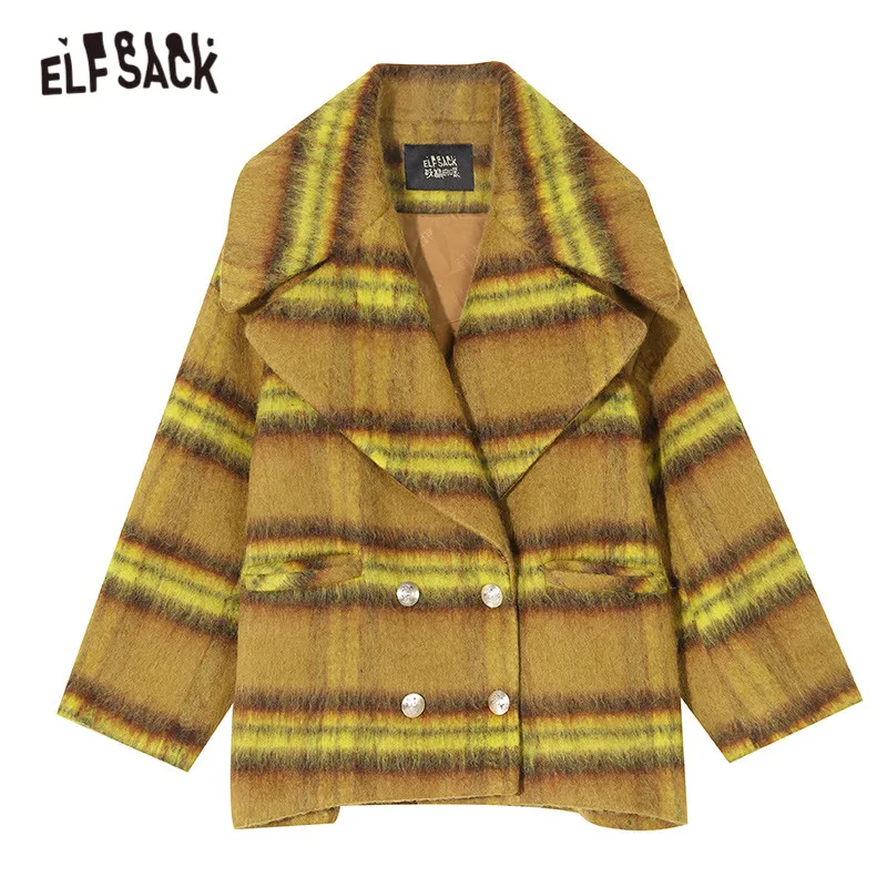 Женское прямое шерстяное пальто ELFSACK повседневное теплое двубортное в клетку с