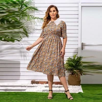 summer sweet lace print 5xl loose a line dress half sleeves plus size polyester knee length holiday large travel dress
