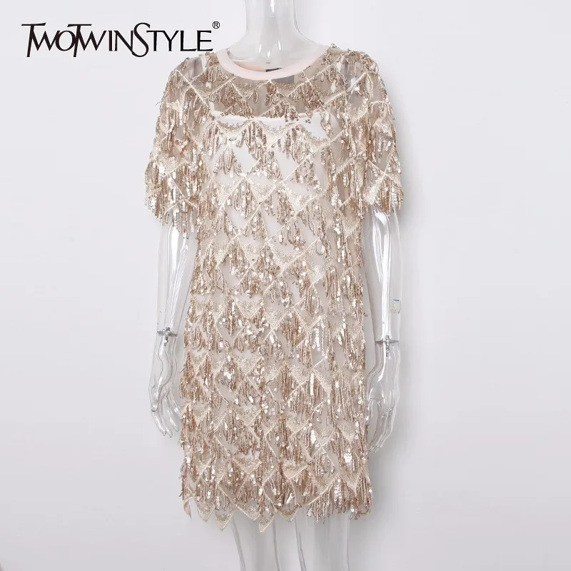 

TWOTWINSTYLE Patchwork Sequins Tassel Dress For Women O Neck Short Sleeve Embroidery Mesh Dresses Female 2020 Summer Clothing