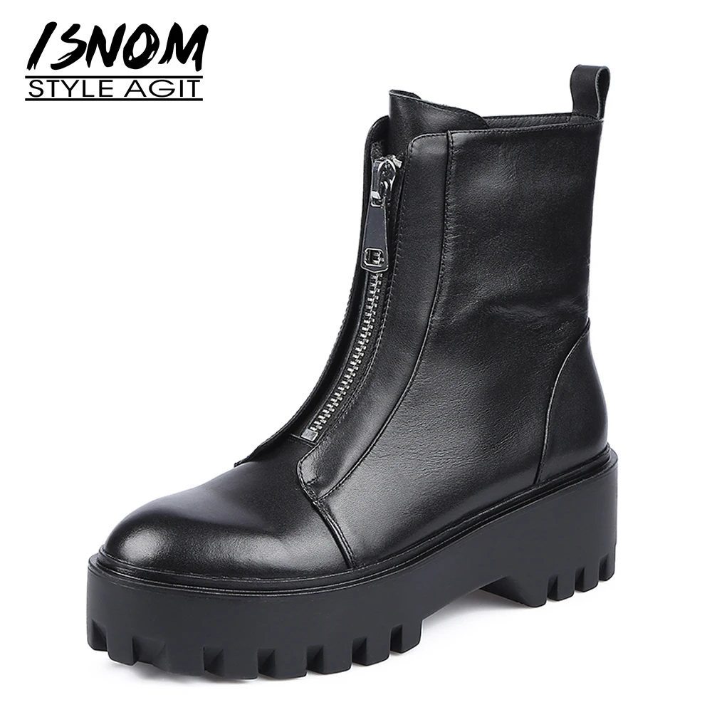 

ISNOM Genuine Leather Ankle Boots Thick Platform Skid Proof Shoes Women Round Toe Wedges Booties Front Zip Black Boot Flat 2021