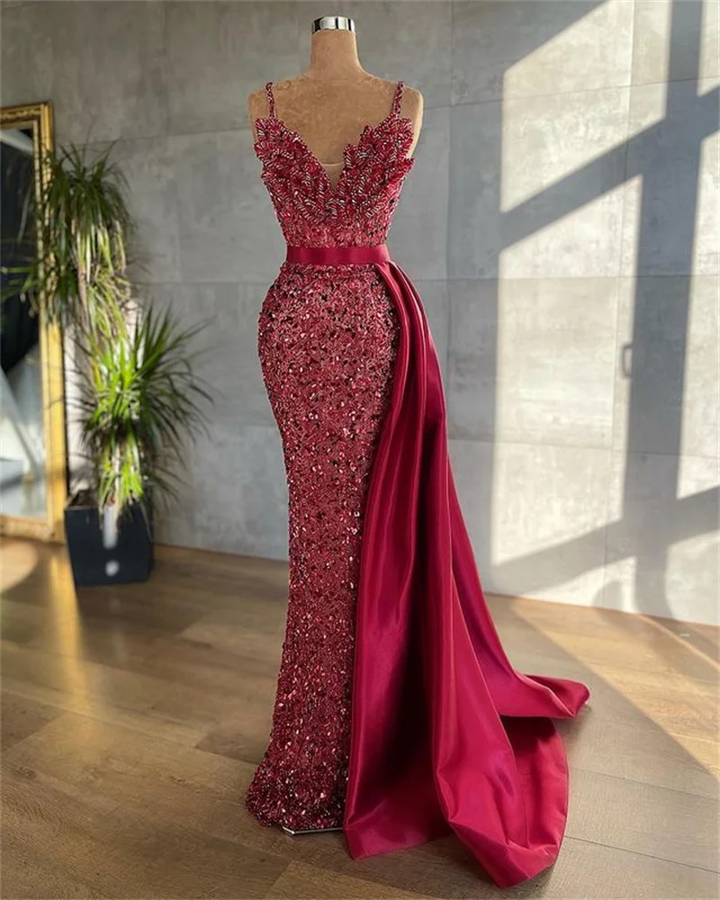 

2021 Luxury Burgundy Mermaid Beading Party Dress For Women Modest Evening Dresse Prom Gowns with Detachable Train