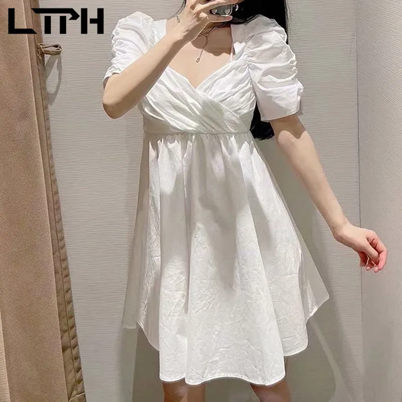 

LTPH vintage puff sleeve dress women high waist slim square collar casual all-match sweet elegant A-line dresses 2021 summer new