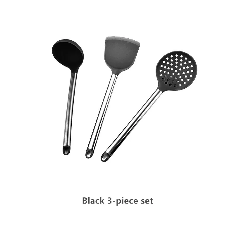 Black 3-piece set Набор инструментов для приготовления пищи, силиконовый кухонный высококачественный термостойкий набор посуды, щипцы, лопатка, ложка с ящиком для хранения, Тернер - Цвет: Black 3-piece set