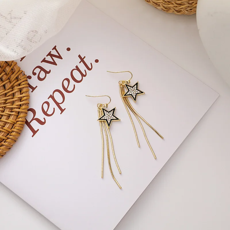 

Korean Sparkly Rhinestones Star Long Tassel Earrings for Women Gold Color Alloy Geometric Drop Dangle Earrings Party Jewelry