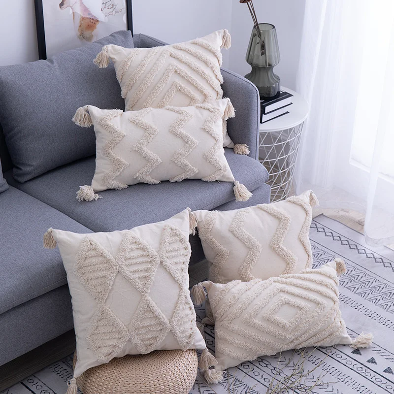 

Tassels Decorative Cushion Cover 45x 45cm Beige Sofa Pillow Case Cover Handmade Home Decoration for living Room Bed