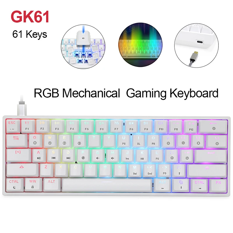 

Игровая механическая клавиатура GK61, проводная клавиатура с RGB-подсветкой, 61 клавиша, с горячей заменой, с переключателем Gateron