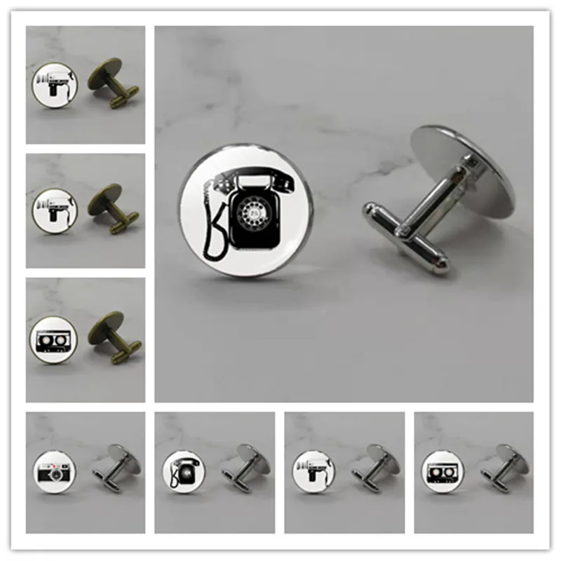 Старинные камеры Телефон Запонки с фотографией посеребренные стеклянные