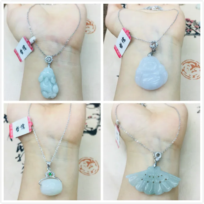 

Zheru чистый натуральный жадеит нефритовый веер Смеющийся Будда дорога переход кулон с 925 Серебряное ожерелье Женская цепочка до ключиц